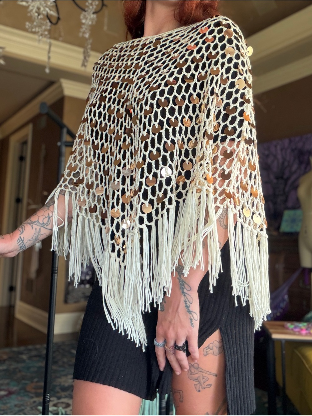 Handmade Crochet Fringe Poncho with Gold Sequin Accents - Cream NWOT